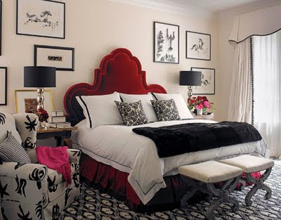 Black,white,and red bedroom from Stephen Shubel.