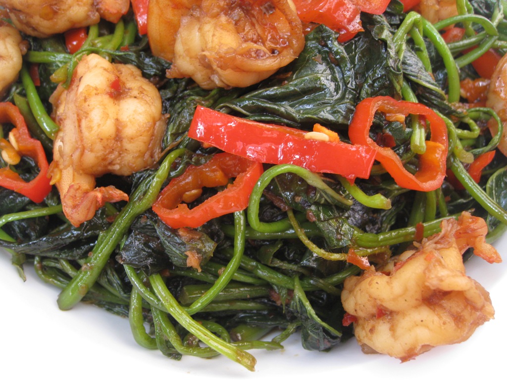 Stir Fry Sweet Potato Leaves With Shrimp In Sambal Paste My Asian Kitchen