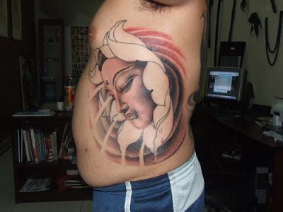 This tattoo shows Buddha looking people on earth from heaven, This tattoo shows Buddha looking people on earth from heaven,