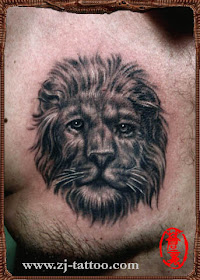 A humanized lion tattoo on the chest