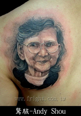 Grandma portrait tattoo on the chest.
