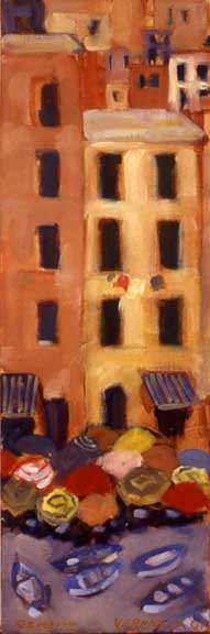 Vernazza and umbrellas 24x8 oil