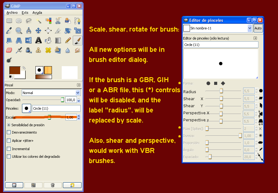 GIMP UI brainstorm scale, shear, rotate for brushes…