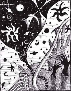 Surreal, automatic (stream of consciousness) ink drawing of space, landscape, giant hand, cliff and ladder