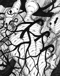 Surreal, automatic (stream of consciousness) ink drawing of a heart like organ, black veins and arteries
