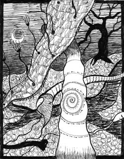 Surreal, automatic (stream of conciousness) ink drawing of landscape, ghosts, sperm, snakes, a spiral and plants