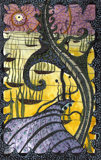 Surreal, automatic (stream of consciousness) ink and watercolor drawing of swamp like alien landscape