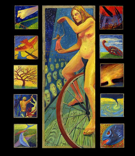 An automatic (stream of conciousness) surreal oil painting with puppet, unicycle, ocean, merman, tree, bird, destruction, ghosts, tornados, and dolphin imagery