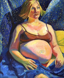 Oil Painting portrait of semi clothed pregnant woman, seated-head, shoulders, and upper torso