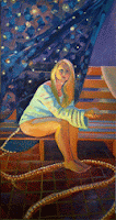 Oil painting portrait of semi-clothed life sized full figure portrait of sitting blond woman