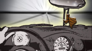 animation still from POV interior of car with dashboard and road