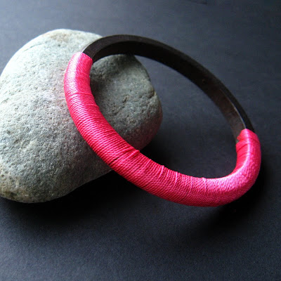 Wood Bangle Bracelet Wrapped in Hot Pink Fibers