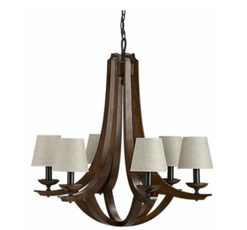 Six walnut-finished arms on a neoclassical inspired lighting fixture from Crate & Barrel