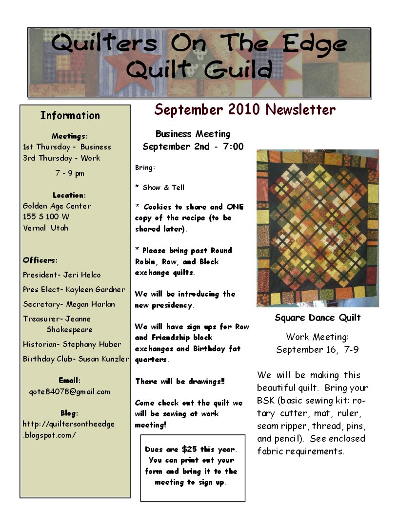 Quilters On The Edge Quilt Guild: September 2010 Newsletter