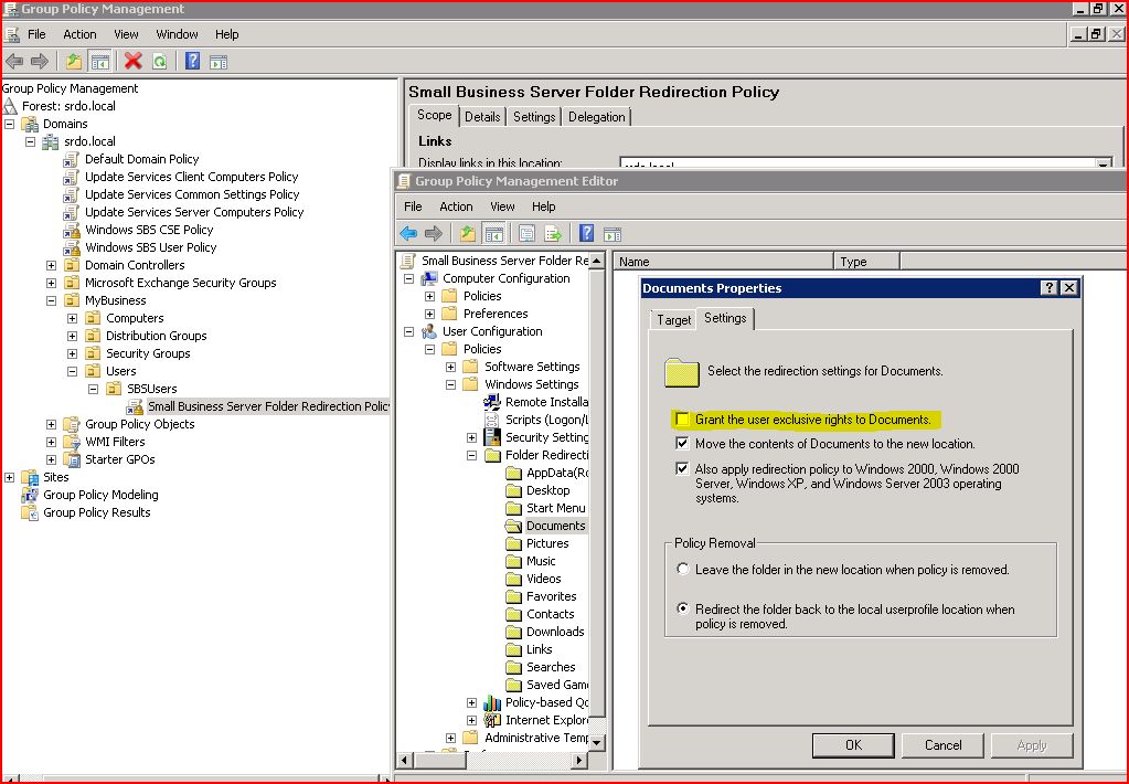 My Personal Nerd Microsoft SBS 2008 default folder redirection GPO