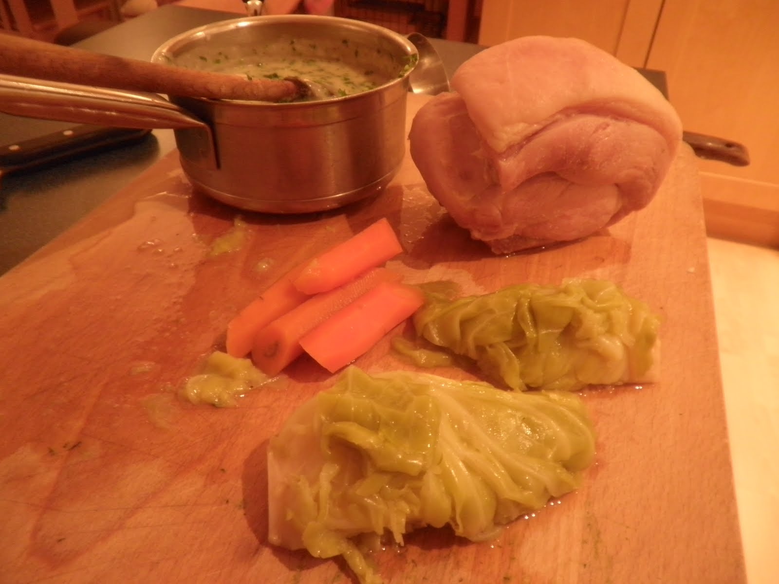 A Chefs Life Boiled Ham, Cabbage, carrots and Parsley Sauce.