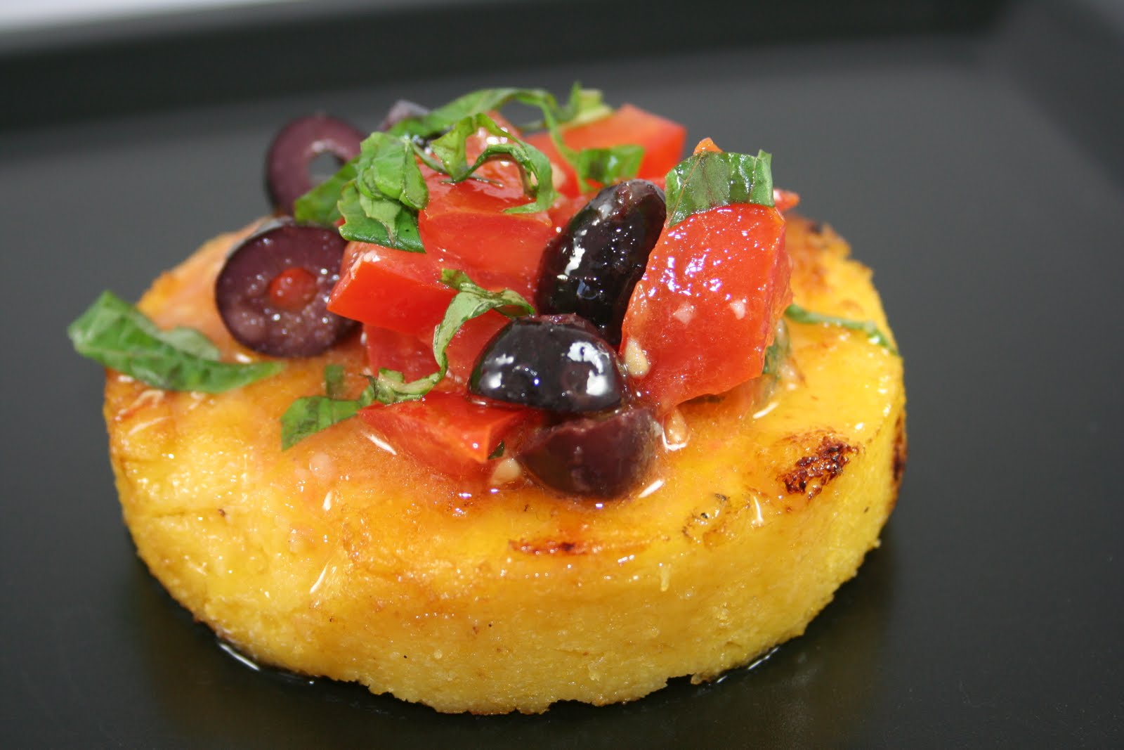 Crostini and Chianti Grilled Polenta Cakes with Bruschetta Topping