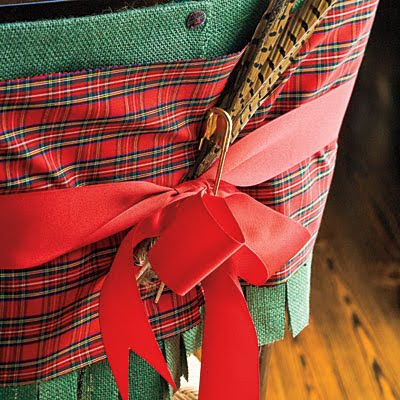 Christmas dining chair decor with plaid fabric and feathers