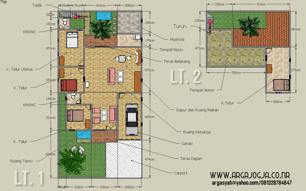 Desain Sketch Denah Rumah 2 Lantai Pada Lahan 10,5×21 meter
