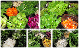 The fresh vegetables counter with an assortment of greens, pumpkin, toufu, mushrooms, legumes, etc.