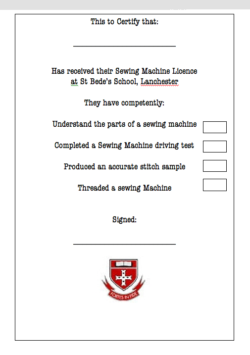 Skills week 2 Sewing Machine review ST Bedes RC School Yr 8 Textiles