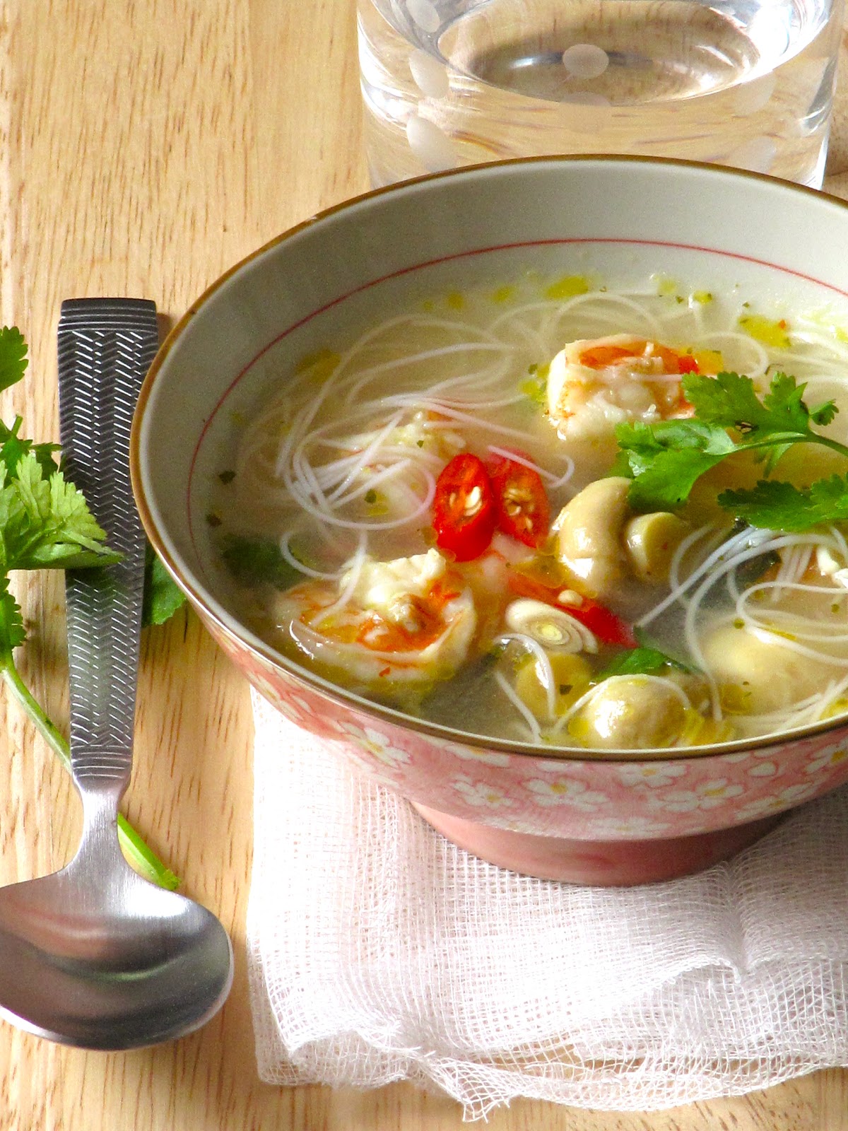 Plateful Tom yum goong Thai hot and sour noodle soup with shrimp