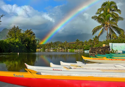 Double rainbow over outrigger canoes.  Kailua, Hawaii