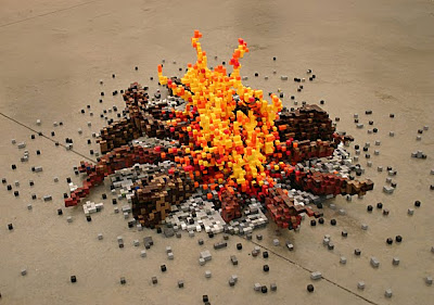 8 bit campfire Digital & Real Worlds Collide In Shawn Smiths Pixelated Sculptures.