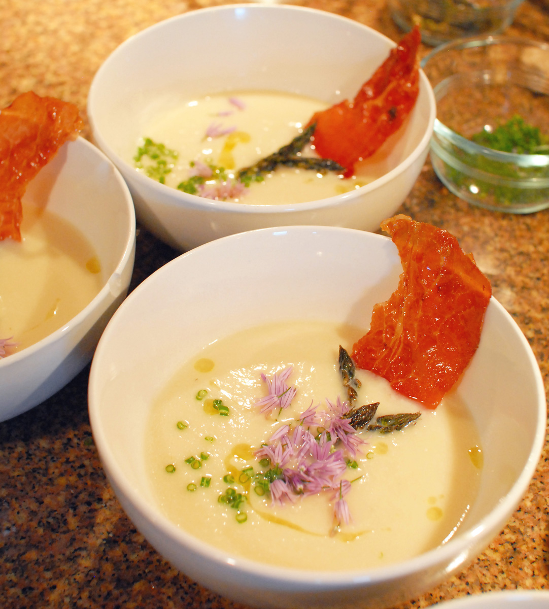 Abby & Sam's Kitchen White asparagus soup with prosciutto chip, crispy asparagus tips, chive