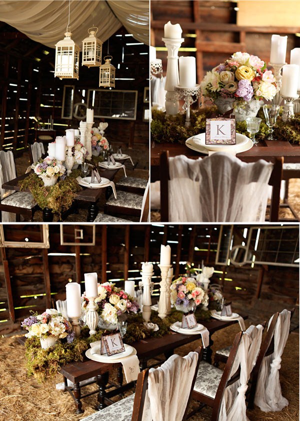 Delicate napkins and loosely wrapped chairs bring in a decidedly vintage 