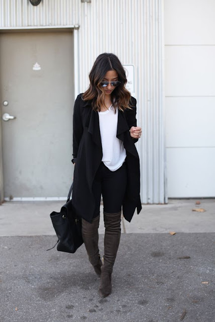 Street style | Black wrap coat with over the knee boots | Just a Pretty ...