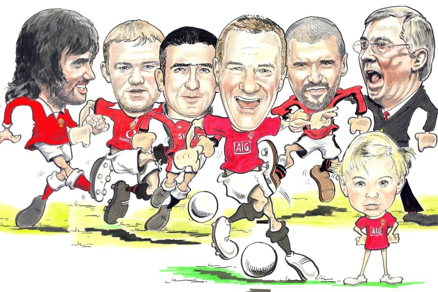 CARTOON AND CARICATURE: MANCHESTER UNITED FAN AND DAUGHTER WITH PLAYERS