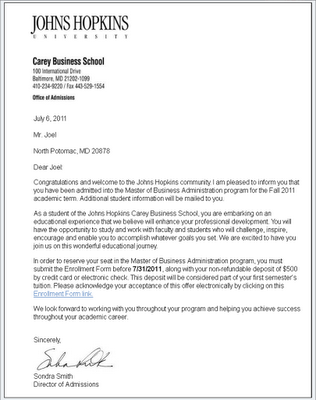 acceptance school graduate jhu