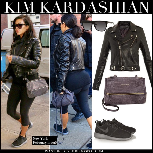 WHAT SHE WORE: Kim Kardashian in black leather biker jacket with black ...