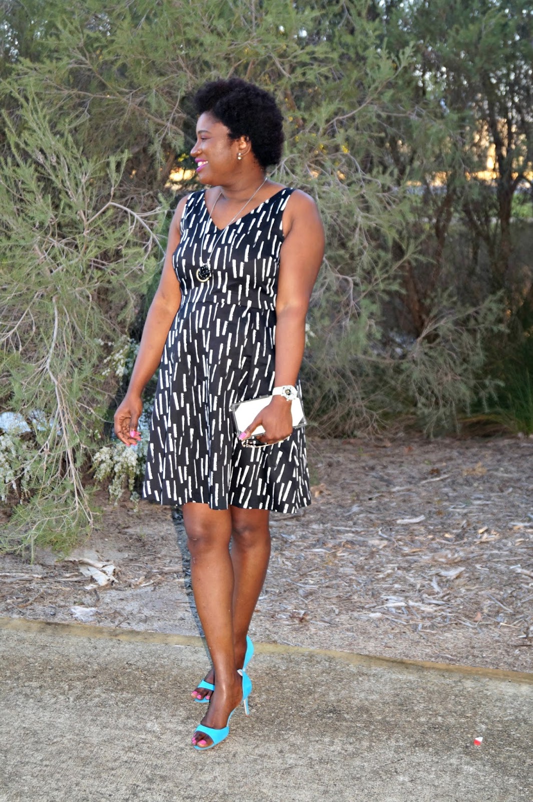 aqua black and white dress