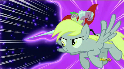 Spike rides Derpy into battle