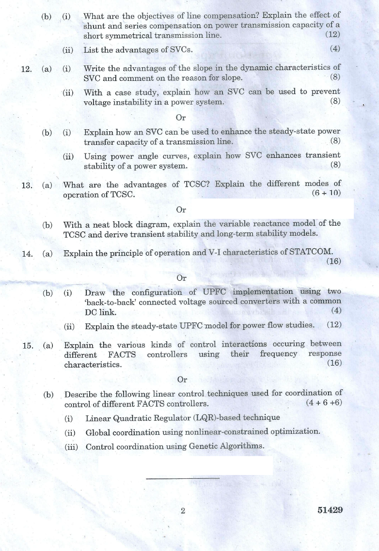 EE2036 Flexible AC Transmission Systems April May 2014 Question Paper