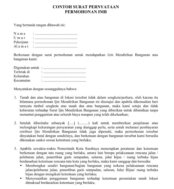 Contoh Surat Pernyataan Permohonan Izin Mendirikan Bangunan