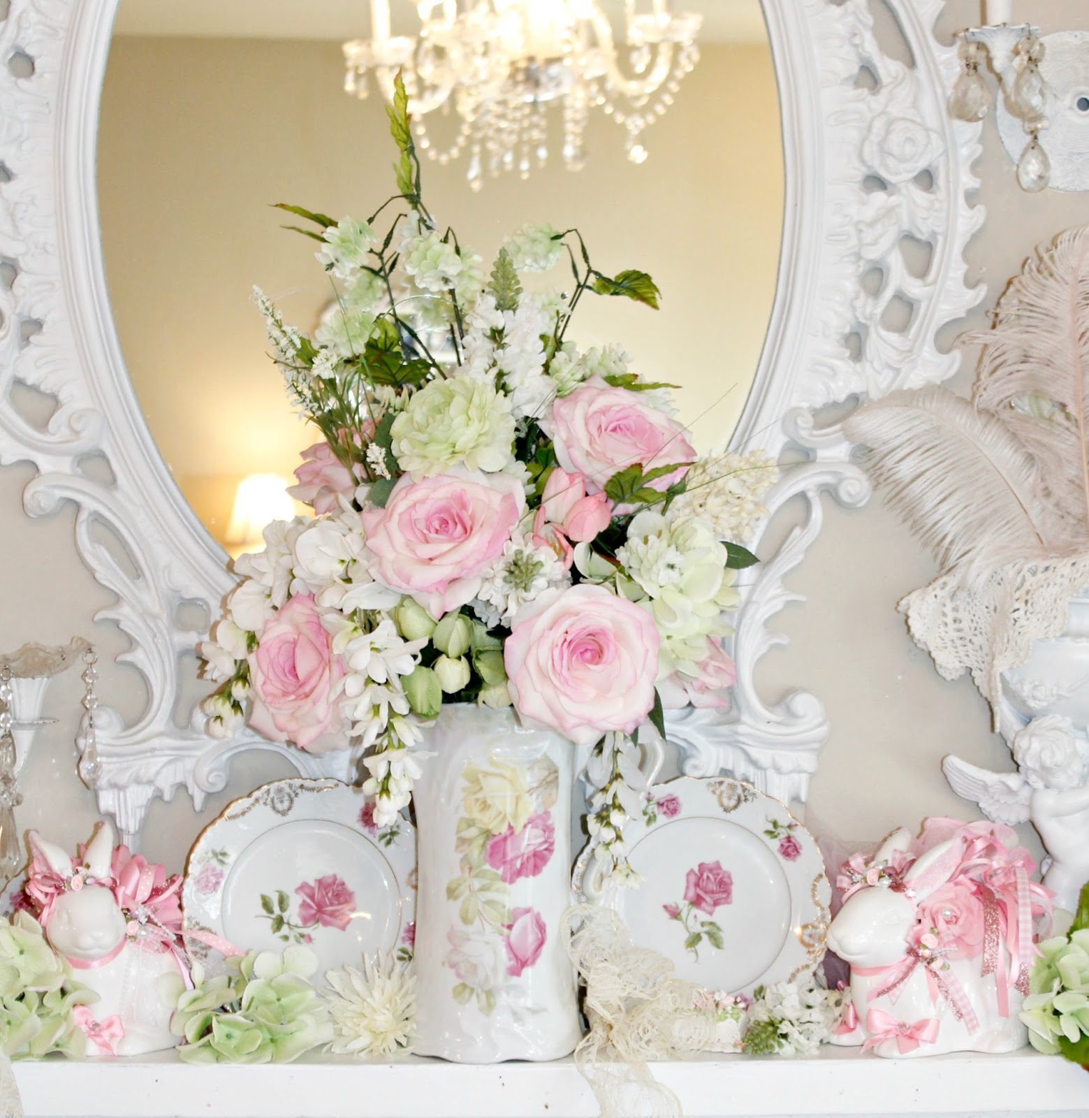 Olivia S Home My Shabby Chic Spring Mantel I Created This Lovely Fl Centerpiece With One Of My Favorite German Vintage Pitchers That Dad Gave Me
