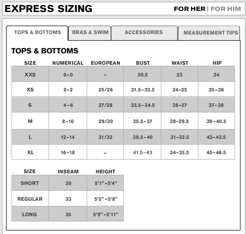 Express Dress Shirt Size Chart