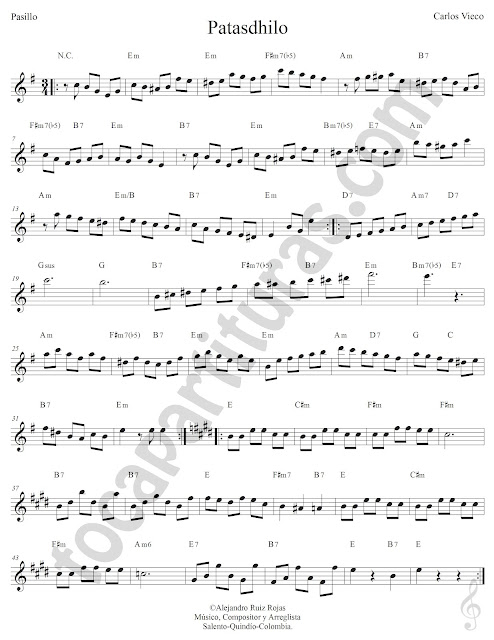 Patasdhilo Pasillo de Carlos Vieco Partitura Fácil con Acordes Patasdhilo Easy Sheet Music with Chords