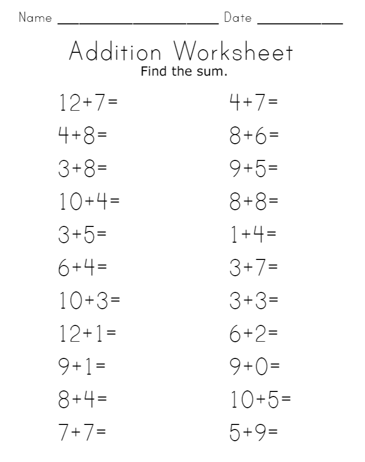 Addition Printable Worksheets Free