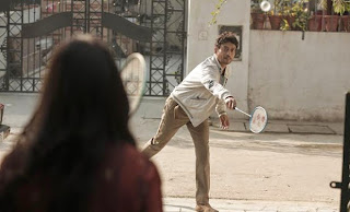 Irrfan Khan as Rana Chaudhary in Piku, playing Badminton with Deepika Padukone in Piku, Directed by Shoojit Sircar