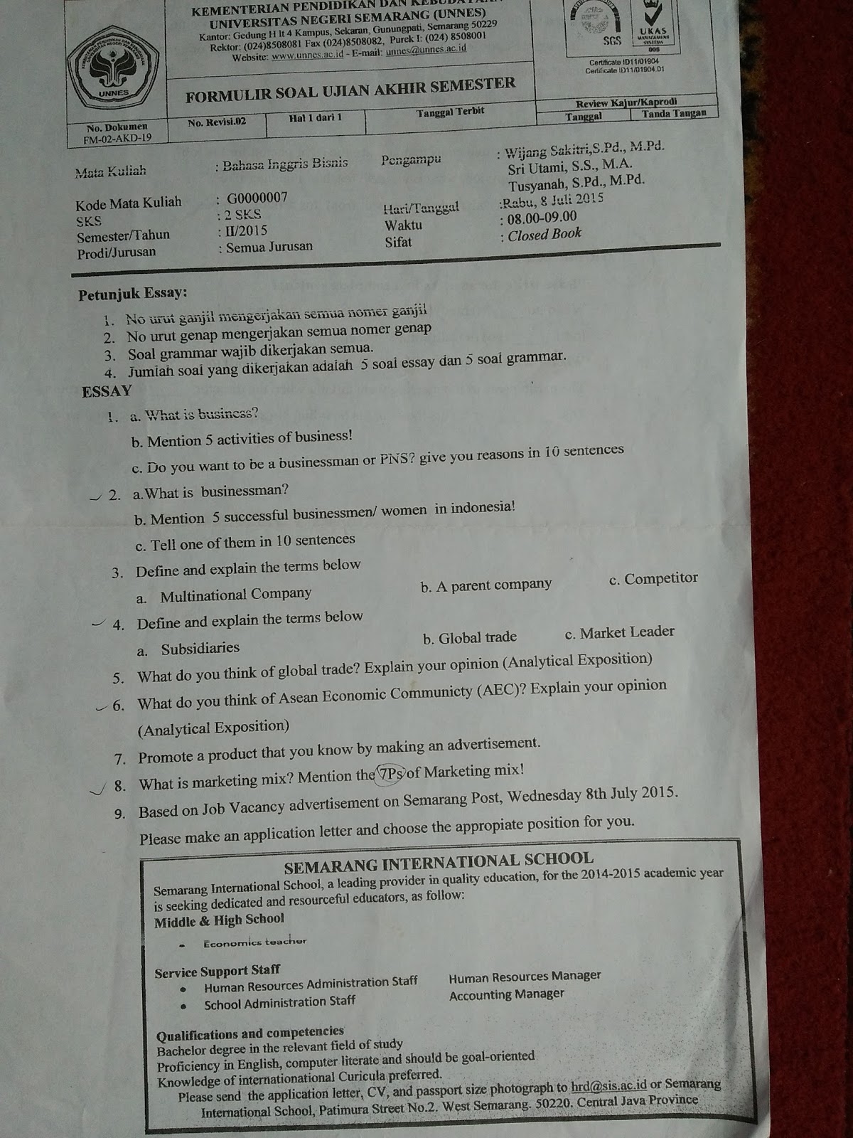 Soal Uas Mata Kuliah Bahasa Inggris Semester 2 Berbagai Mata