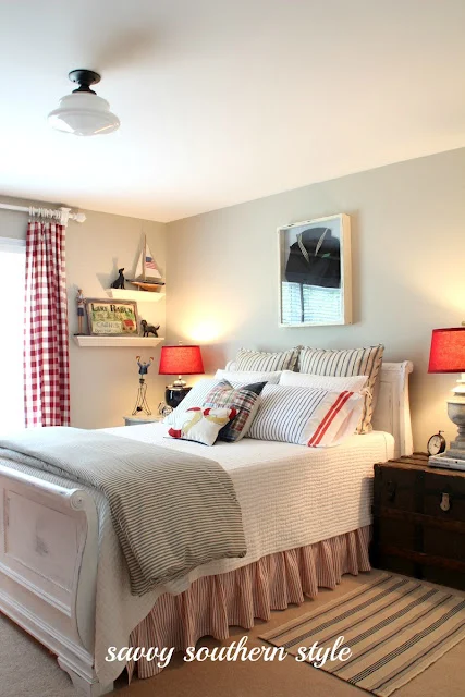 Nautical styled bedroom by Savvy Southern Style featured at I Love That Junk