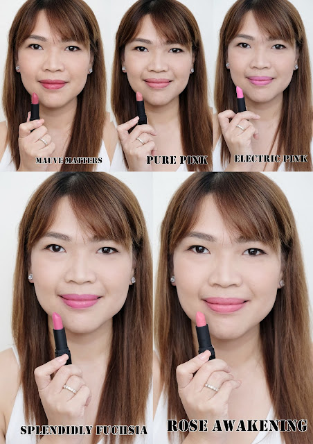 a photo of Avon True Perfectly Matte Lipsticks review in shades Mauve Matters, Pure Pink, Electric Pink,  Spendidly Fuchsia and Rose Awakening.
