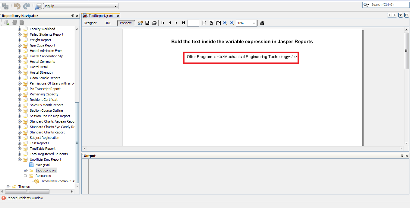 How to Bold the text inside the variable expression in Jasper Reports