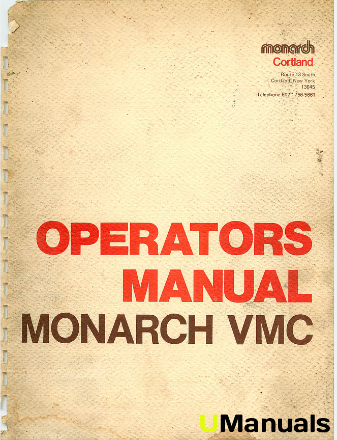 Machinery Manuals Monarch VMC75 VMC150 1050MCL Machining Center