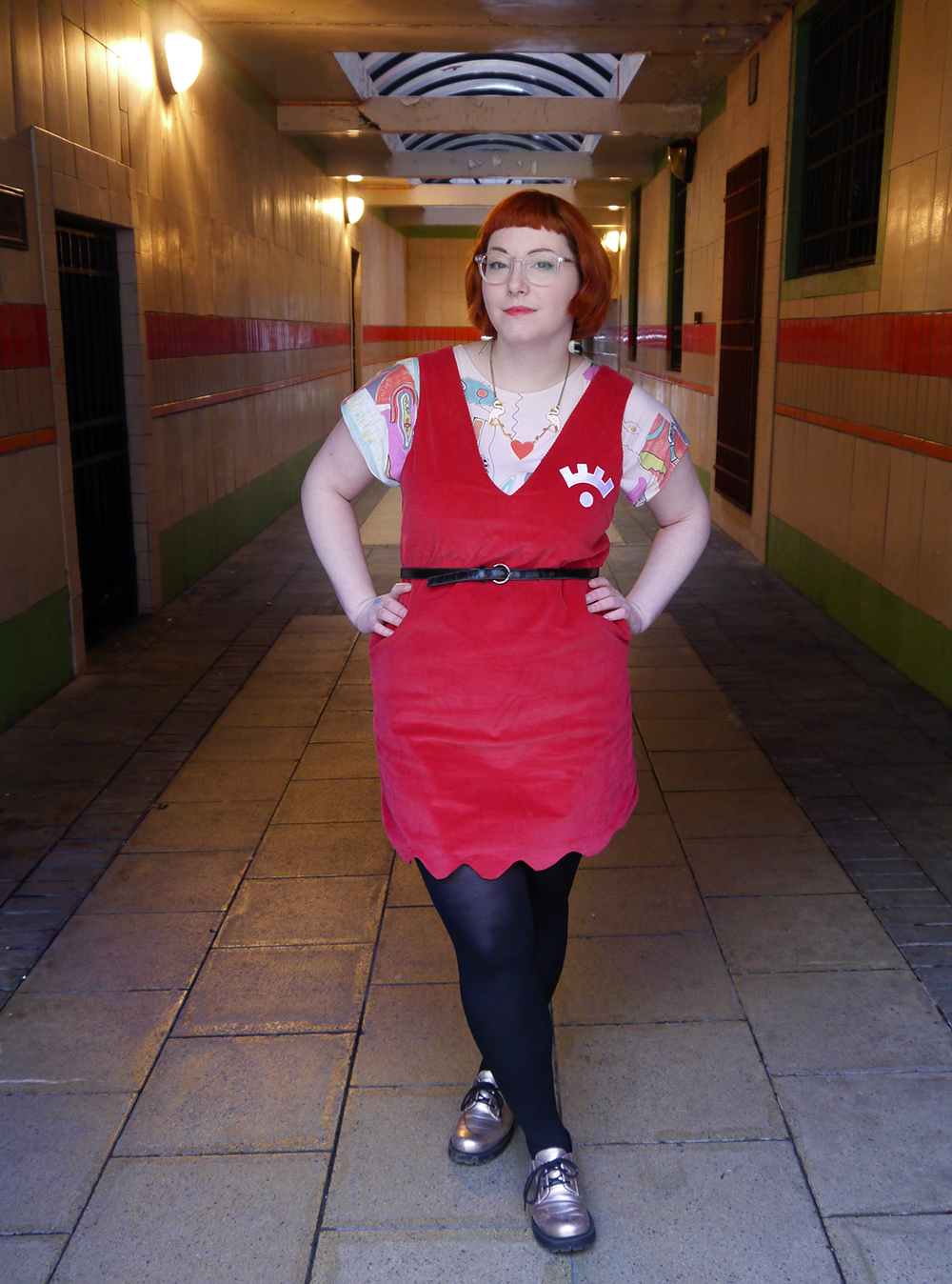 Valentine's Outfit for Lou Lou's Vintage Fair Scottish Blogger, Dundee, What Helen Wore, Lou Lou's Vintage Fair, The Whitepepper red dress, vintage saved by the bell style tshirt, Karen Mabon necklace, heart and flamingo necklace, red head