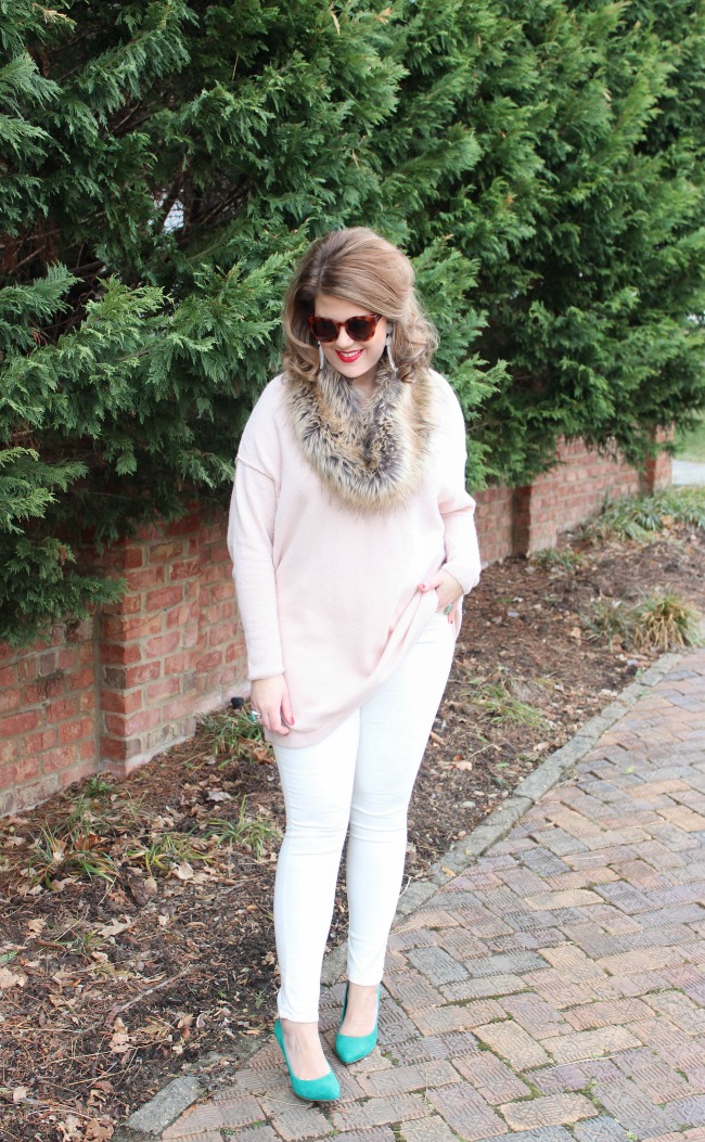 Blush Pink Sweater and White Jeans